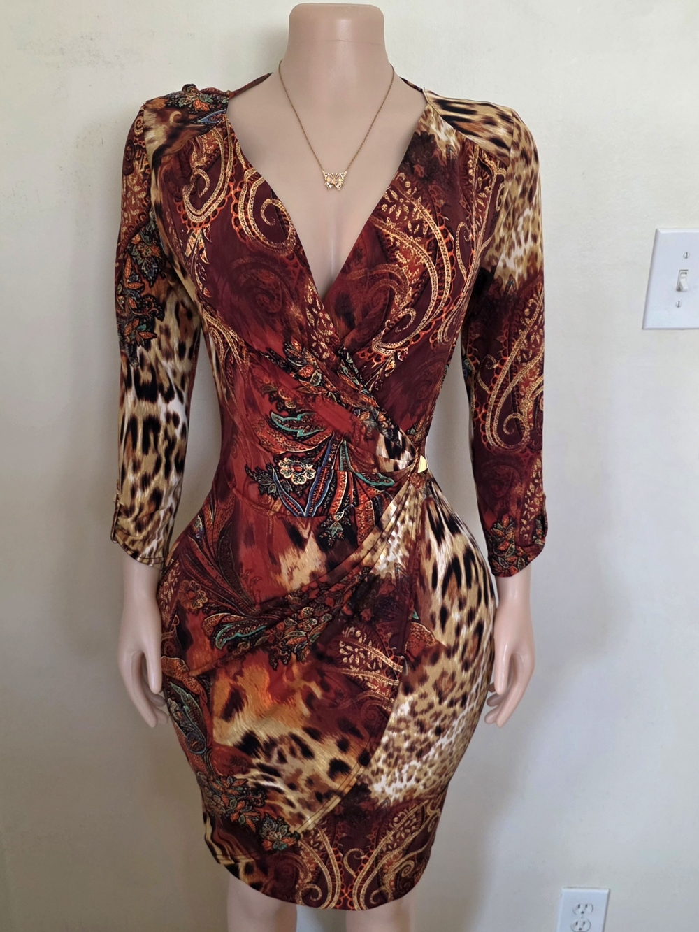 Cache Red and Brown Animal Printed Wrap Dress